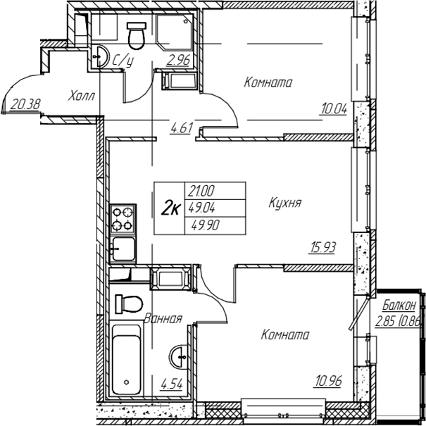 2-комнатная квартира 49.9 м², 11/22 эт., ЖК «Парк-квартал Юнтолово»